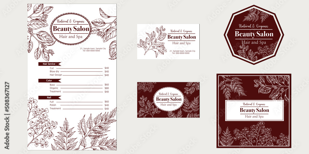 set of beauty salon template designs with hand drawn illustration of herb leaves
set of beauty salon template designs with hand drawn illustration of herb leaves