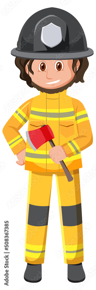 Obraz premium Firefighter in yellow outfit with axe
