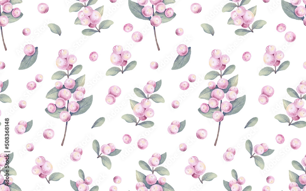 Watercolor hand drawn botanical seamless pattern with delicate illustration of pink snowberry branches, berries, leaves. Simple floral wallpaper, linens. Spring elements isolated on white background