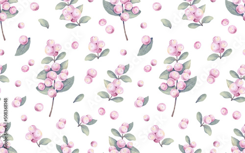 Watercolor hand drawn botanical seamless pattern with delicate illustration of pink snowberry branches, berries, leaves. Simple floral wallpaper, linens. Spring elements isolated on white background