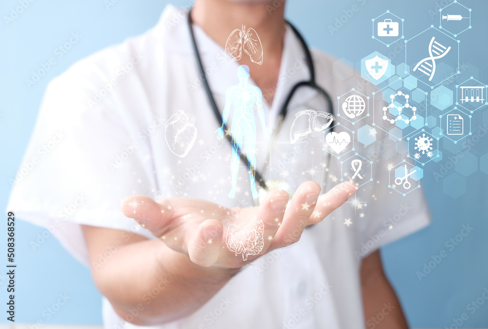 Doctor examines an electronic medical record on smart phone. DNA. Digital healthcare and network connectivity via hologram modern virtual screen interface, medical technology, and futuristic concept Doctor examines an electronic medical record on smart phone. DNA. Digital healthcare and network connectivity via hologram modern virtual screen interface, medical technology, and futuristic concept