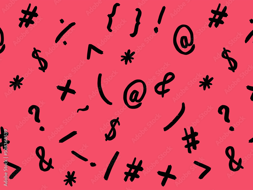 pattern with the image of keyboard symbols. Punctuation marks. Template for applying to the surface. Horizontal image. purple red background pattern with the image of keyboard symbols. Punctuation marks. Template for applying to the surface. Horizontal image. purple red background