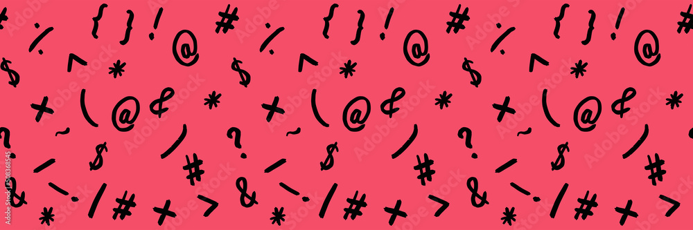 pattern with the image of keyboard symbols. Punctuation marks. Template for applying to the surface. Banner for insertion into site. purple red background pattern with the image of keyboard symbols. Punctuation marks. Template for applying to the surface. Banner for insertion into site. purple red background