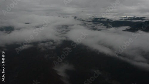 Cloudscape view of the Himalayas. Aerial view of Kedarnath valley in Uttarakhand India. Kedarnath is a Holy town in the Indian state of Uttarakhand and has gained importance because of Kedarnath photo