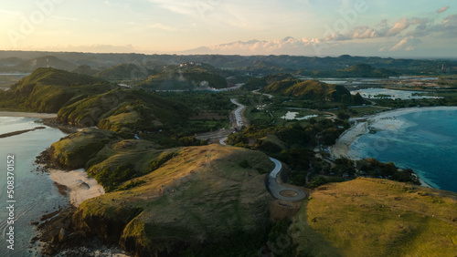 Aerial view of Lombok Bukit Merese, mandalika surrounding area seascape aerial view