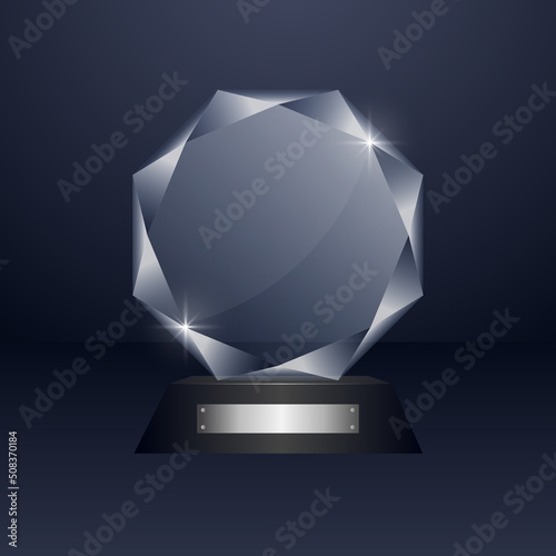 Premium glass trophy with a dark background. Octagon 3d glass trophy design. Editable trophy vector.