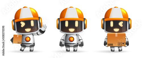 Robots kawaii character vector set. 3d robotic delivery characters standing and holding boxes with friendly facial expression for cute ai bot collection design. Vector illustration.
