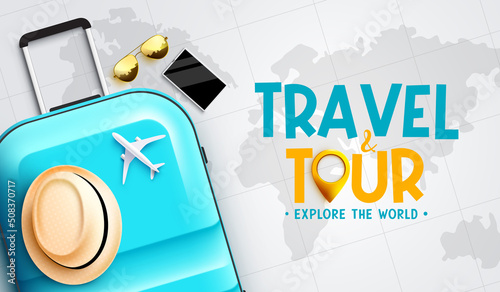 Travel vector background design. Travel and tour typography text with hat and luggage travelling element for explore the world text international trip. Vector illustration.
