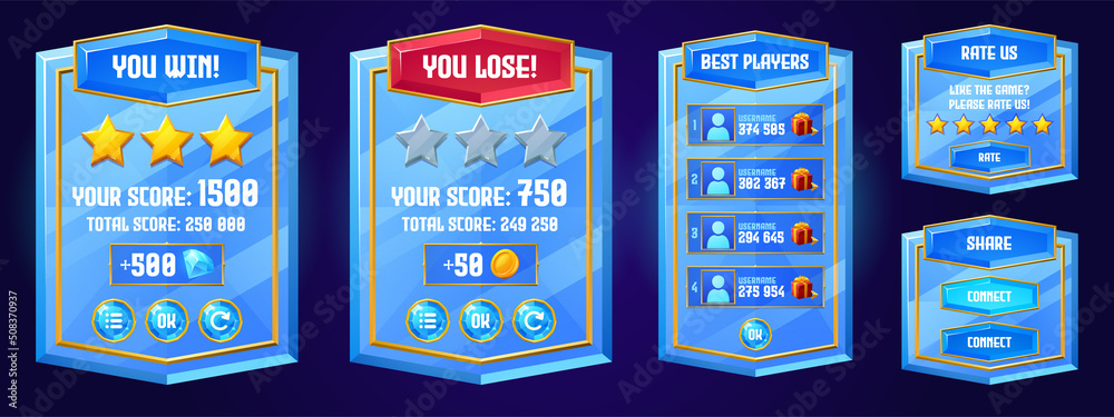 Game boards with win and lose banners, best players list, rate and share buttons. Vector cartoon set of blue glass gui elements, complete and failed level screens