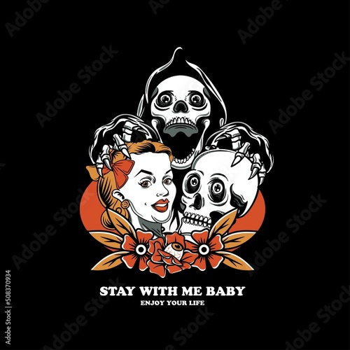 Skull and woman love couple with grim reaper vintage vector illustration