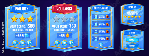 Game boards with win and lose banners, best players list, rate and share buttons. Vector cartoon set of blue glass gui elements, complete and failed level screens