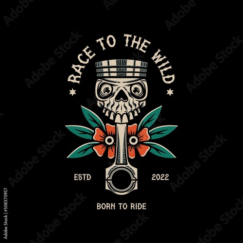 Skull piston with flowers vintage vector illustration