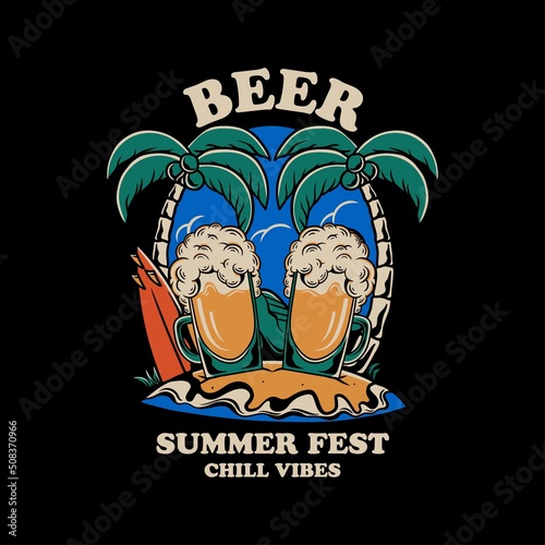 Summer beer party on the beach vintage vector illustration
