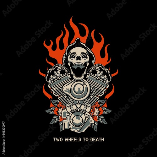 Grim reaper with engine motorcycle vintage vector illustration