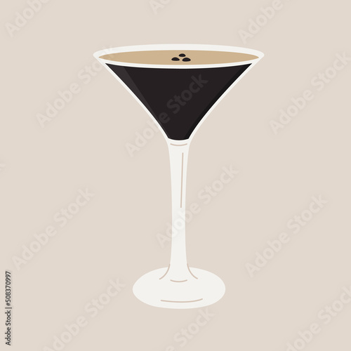 Espresso Martini Cocktail in glass garnished with coffee beans. Aperitif drink with alcohol. Alcoholic beverage isolated on background. Vector minimal flat style illustration.