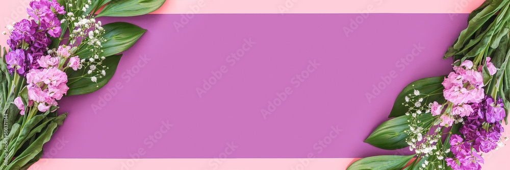 Banner made with bouquets of flowers on pink purple background. Flat Lay Copy space Top view Concept Hello spring, Mother's day, Womens day, Good day, Template for text and design