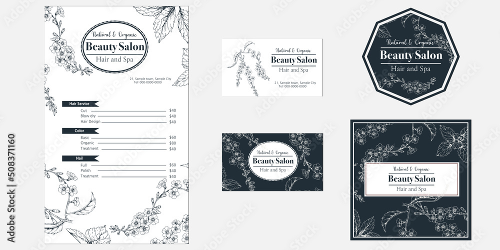 set of beauty salon template designs with hand drawn illustration of small flowers set of beauty salon template designs with hand drawn illustration of small flowers