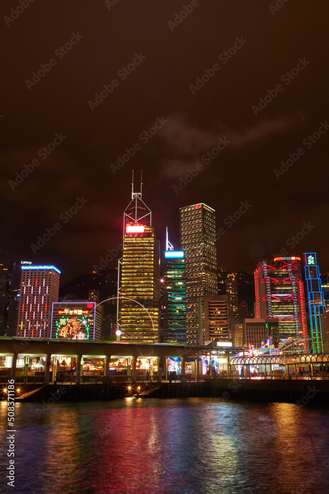 Victoria Harbour and light show on skyscrapers, Central, Hong Kong Island, Hong Kong, China Victoria Harbour and light show on skyscrapers, Central, Hong Kong Island, Hong Kong, China