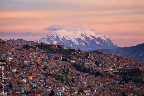 Illimani (6438m/21,122ft), and houses of La Paz, Bolivia, South America
