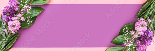 Banner made with bouquets of flowers on pink purple background. Flat Lay Copy space Top view Concept Hello spring, Mother's day, Womens day, Good day, Template for text and design