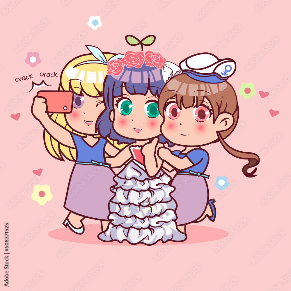 Group of cartoon young girls taking selfie photo Group of cartoon young girls taking selfie photo