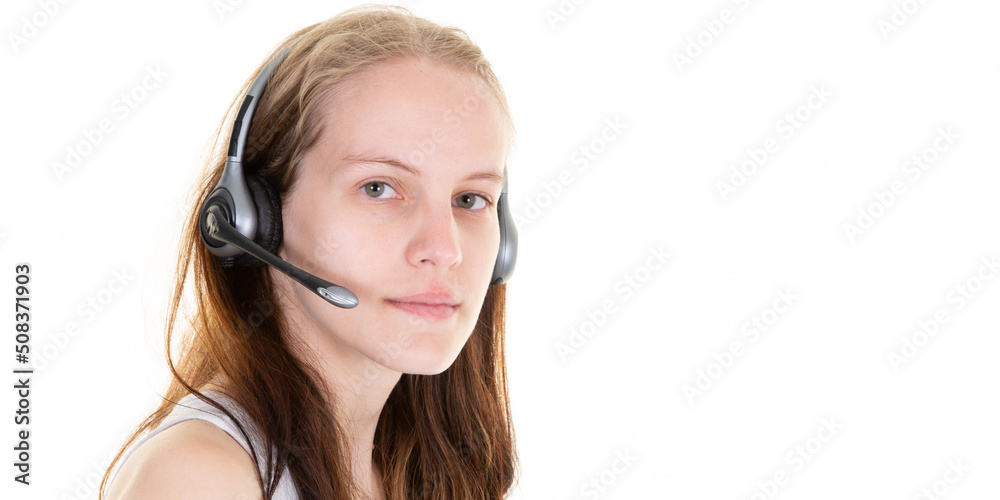 Call center operator woman serious face wearing a white shirt with headset standing on white background Call center operator woman serious face wearing a white shirt with headset standing on white background