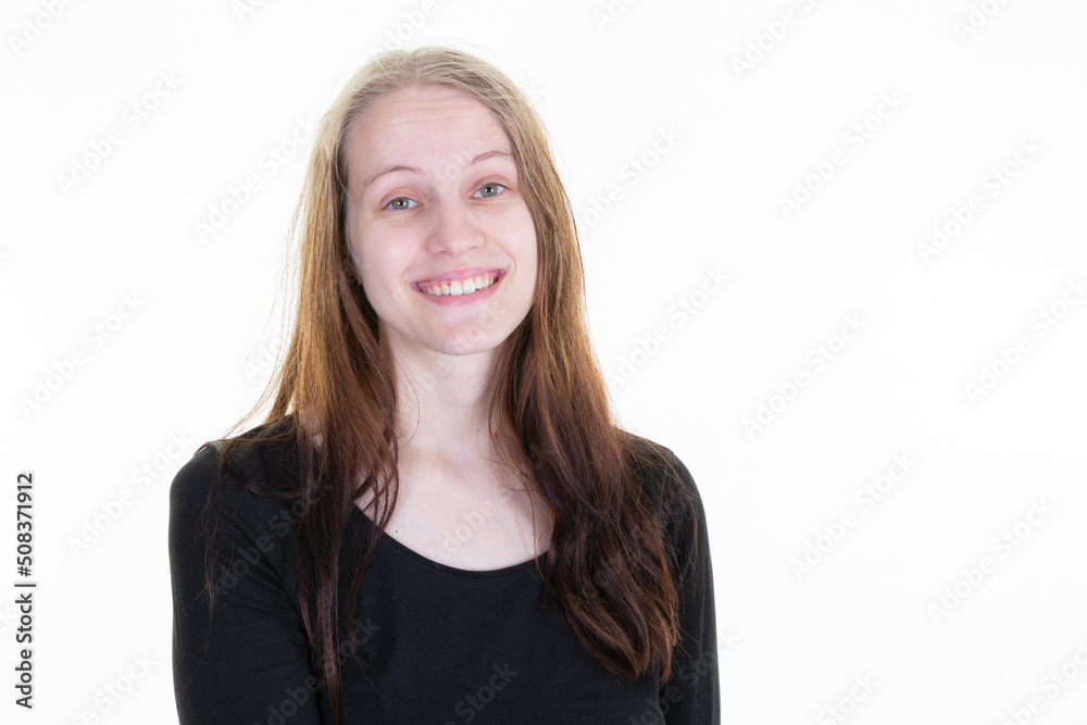 portrait of young blonde woman casual portrait in positive view big smile beautiful model posing in studio over white background portrait of young blonde woman casual portrait in positive view big smile beautiful model posing in studio over white background