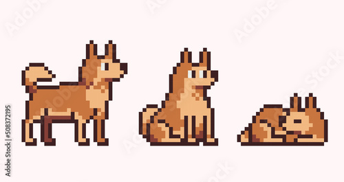 Brown dog in different poses pixel art set. Cute sitting, standing and sleeping doggy collection. 8 bit sprite. Game development, mobile app.  Isolated vector illustration.
