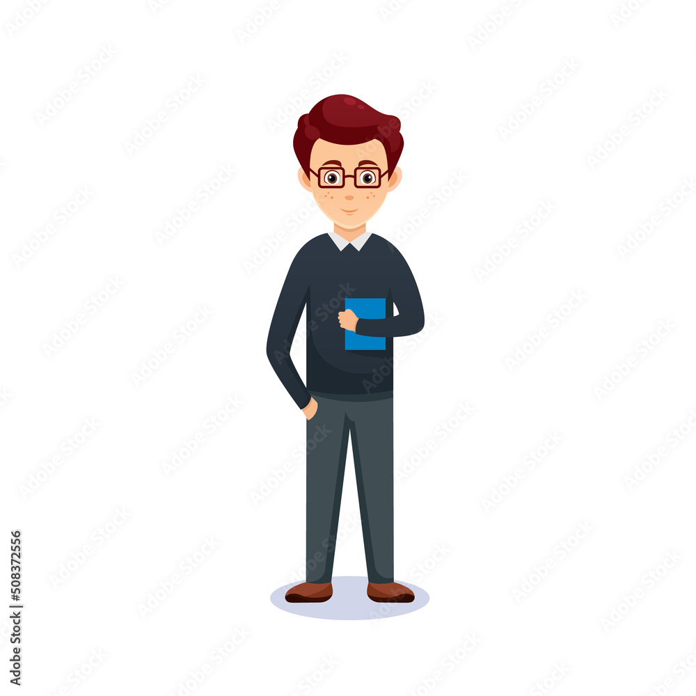cartoon guy with glasses . Friendly handsome man in casual clothes, holding a book or gesturing. Isolated on white. cartoon guy with glasses . Friendly handsome man in casual clothes, holding a book or gesturing. Isolated on white.
