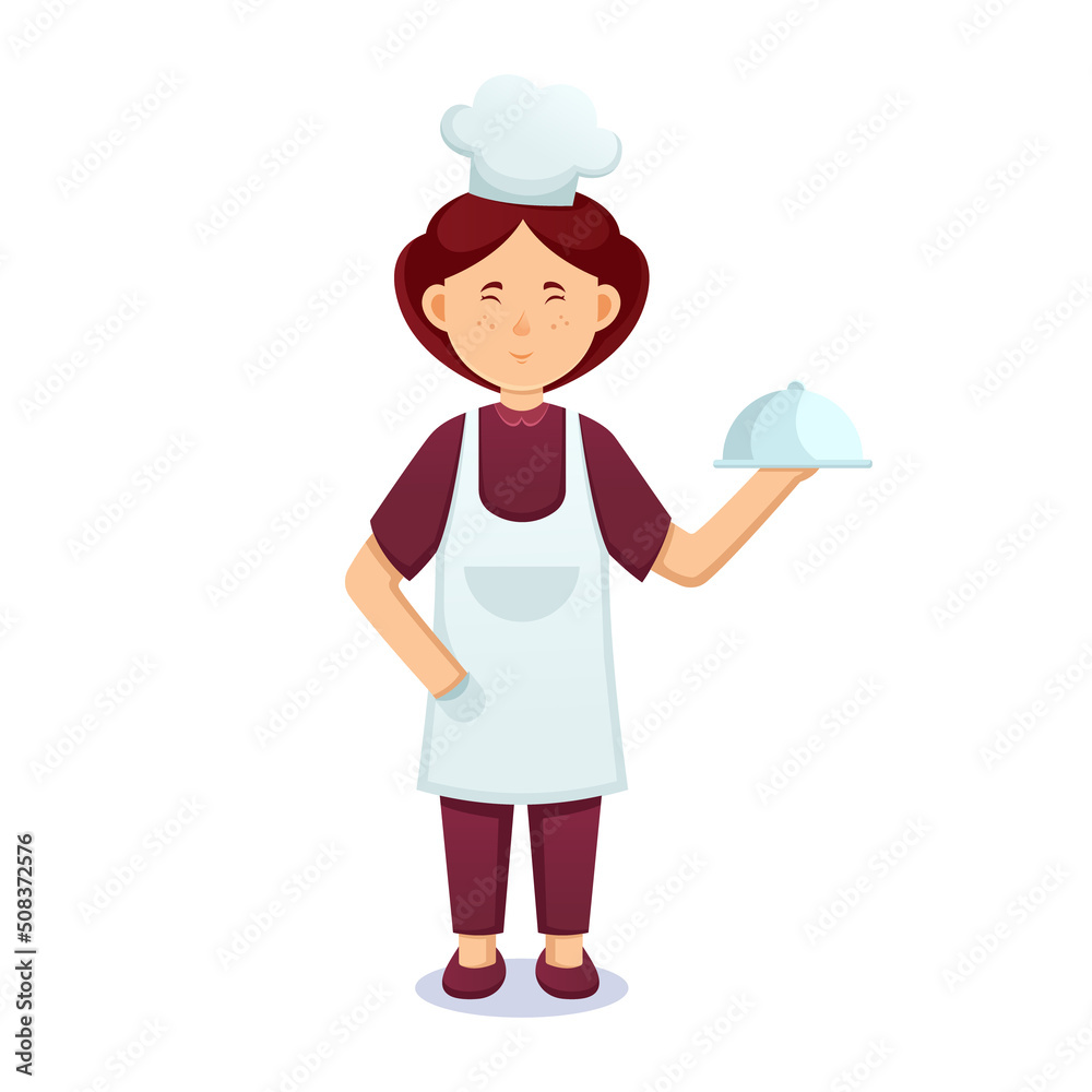 cartoon women. Friendly beautiful women in waiter clothes, holding a food and towel cartoon women. Friendly beautiful women in waiter clothes, holding a food and towel