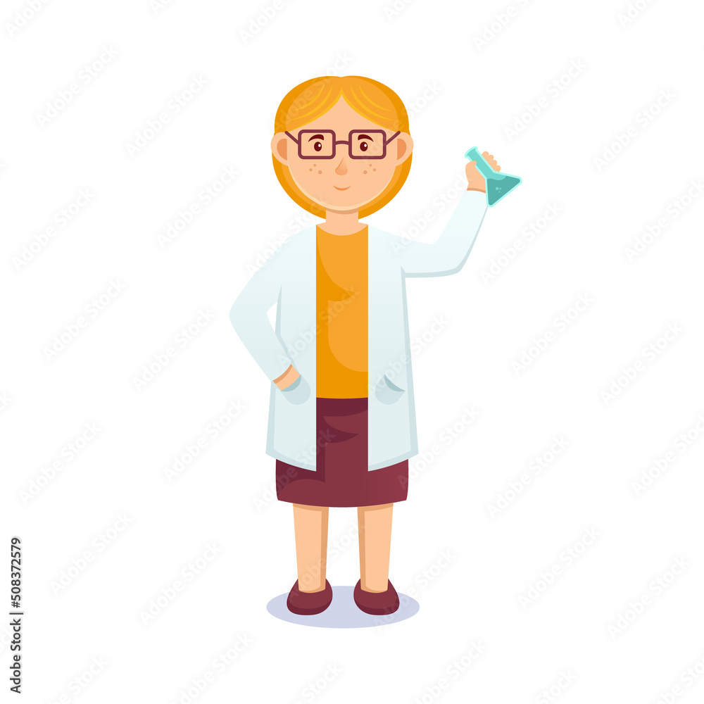 cartoon women with glasses . Friendly beautiful women in labs uniform, holding a glass or gesturing. Isolated on white.