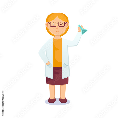 cartoon women with glasses . Friendly beautiful women in labs uniform, holding a glass or gesturing. Isolated on white.