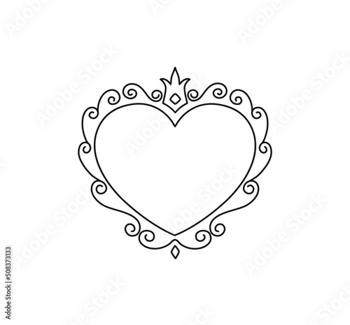 Princess heart frame. Royal mirror frame and majestic prince doodle border. Cute crown border. Outline vector illustration. 