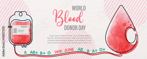 Giant blood droplet with Blood bag in one line style and the day and name of event, example texts on pink background. Poster campaign of world blood donor day in line art and watercolor style.