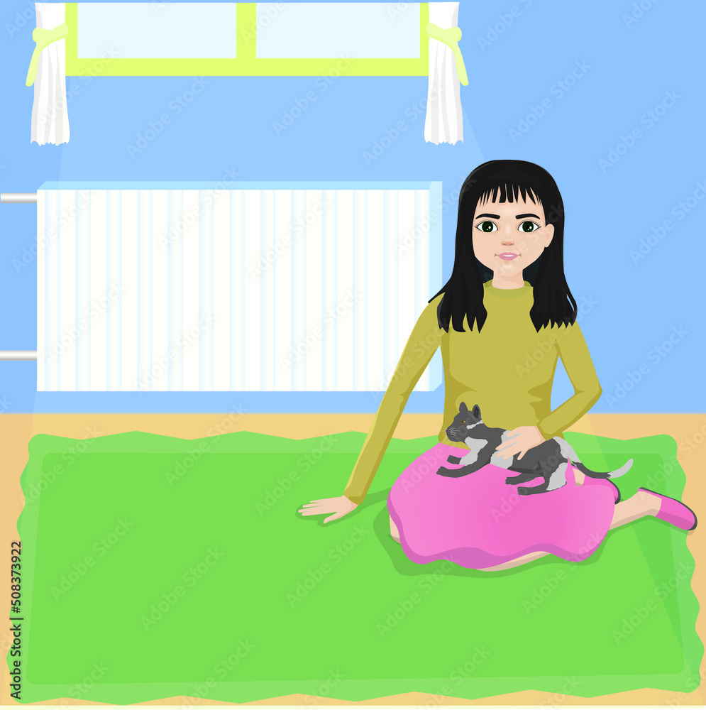 girl sitting on the carpet with her cat in her arms