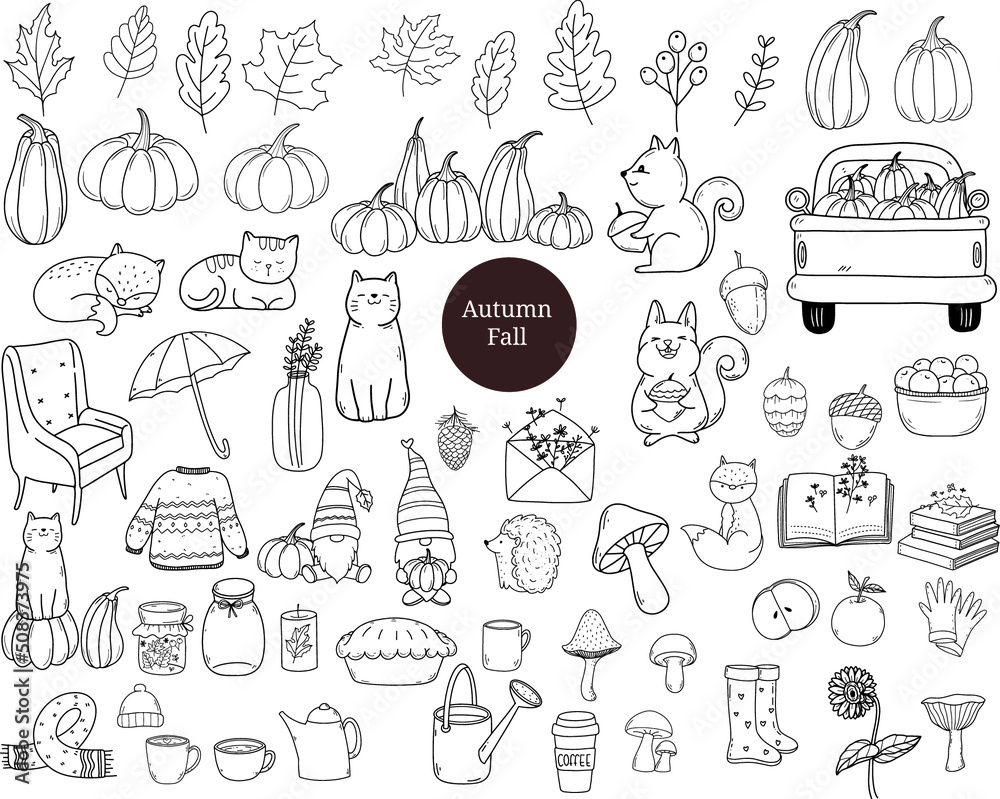 set autumn fall with animal cartoon,
bundle,
pumpkins,hand drawn,doodle,
clipart, vector illustration,