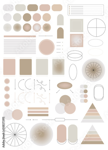Set of vector flat and gradient infographics. Arrows, pyramids, geometric shapes, diagrams for designing presentations and projects. Infographics in warm colors.