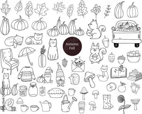 set autumn fall with animal cartoon  bundle  pumpkins hand drawn doodle  clipart  vector illustration 