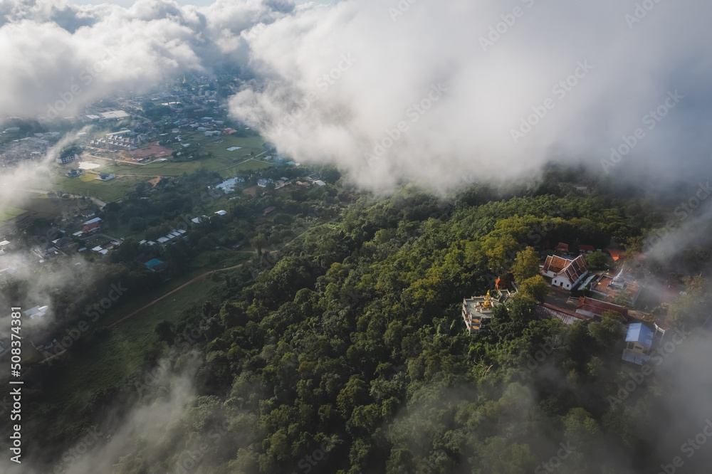 Aerial drone view of Wat Phra That Khao Noi, or Phrathat Khao Noi temple, is the top attraction with a fantastic view of Nan province, Thailand