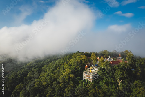 Aerial drone view of Wat Phra That Khao Noi, or Phrathat Khao Noi temple, is the top attraction with a fantastic view of Nan province, Thailand