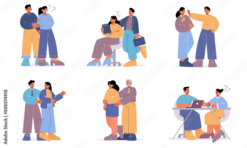 Fototapeta premium Sexual harassment at work concept. Employee abuse, bad behavior of men and women at workplace. Violence at job, unwanted advances, inappropriate touches in office, Flat vector line art illustration