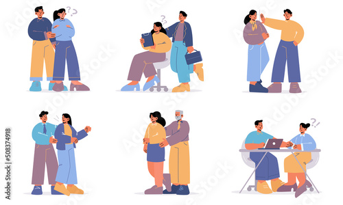 Sexual harassment at work concept. Employee abuse, bad behavior of men and women at workplace. Violence at job, unwanted advances, inappropriate touches in office, Flat vector line art illustration