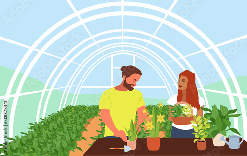 Vector illustration of advantages of greenhouse. Farmer works. Farming plant cultivation. Design for agriculture, horticulture or agronomy. Template for banner, poster, flyer, layout
