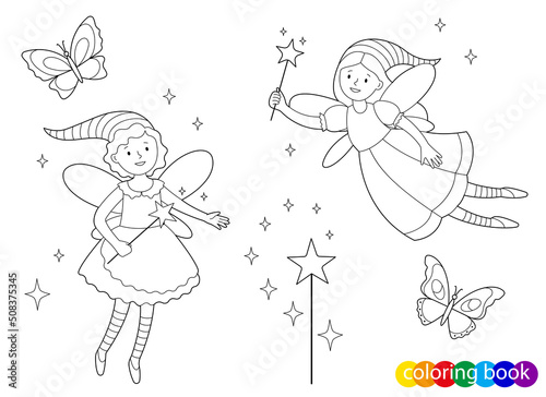 Fairy-tale fairies with magic wands and butterflies for design element kids coloring book page. Vector outline illustration.