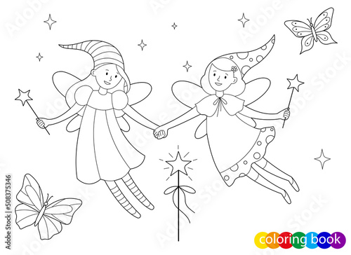 Two fairy-tale fairies and butterflies for design element kids coloring book page. Vector outline illustration.
