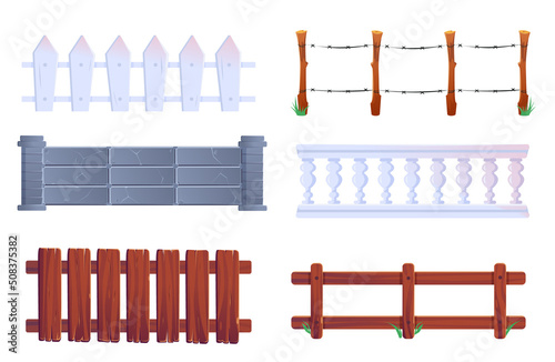 Fence, vector wooden and stone railings. Farm palisade gates, balustrade with pickets or barbwire. Enclosure banister or fencing sections with decorative pillars 2d elements, isolated cartoon set