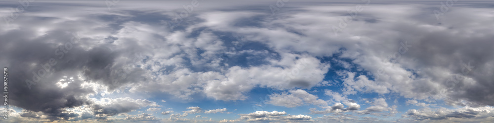 blue sky hdr 360 panorama with white beautiful clouds in seamless projection with zenith for use in 3d graphics or game development as sky dome or edit drone shot for sky replacement