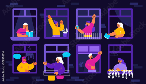 People in windows, neighborhood, private life in apartments concept. Neighbors diverse men and women spend time at home reading books, drinking coffee, communicate, Line art flat vector illustration