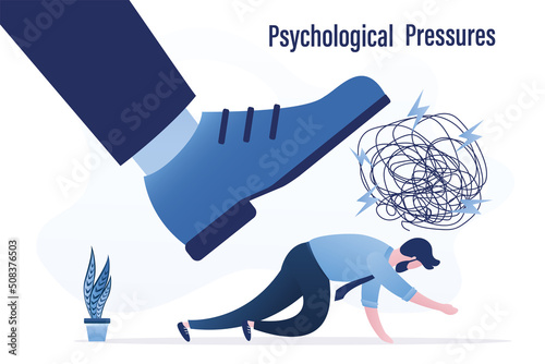 Stress burden, mental problem. Anxiety from work difficulty and overload. Job troubles. Psychological Pressure from too much responsibility. Tired employee under boss pressure.