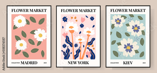 Set 1970 daisy flowers market poster. Abstract floral illustration. Poster for postcards, wall art, banner, background, for printing. Vector illustration.